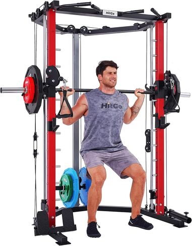 Smith Machine with Pulley System, All-in-One Power Cage with Triangular Frame, Landmine & Pull Up Bar, 14-Gauge Steel, 880LBS Weight Capacity in Saudi Arabia