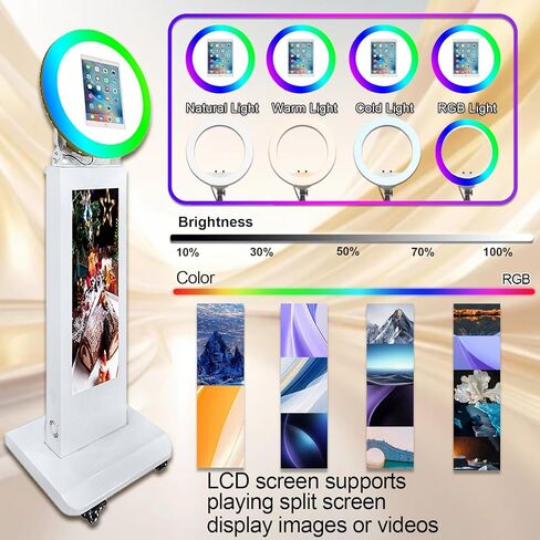 غلاف معدني لجهاز iPad Photobooth من Selfie مع شاشة LCD مقاس 29 بوصة وإضاءة حلقة RGB متوافقة مع iPad 10.2 بوصة 10.9 بوصة 11 بوصة 12.9 بوصة للمناسبات وحفلات الزفاف وأعياد الميلاد (أبيض، آلة كشك الصور) in Kuwait