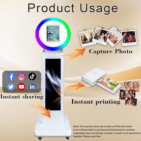 غلاف معدني لجهاز iPad Photobooth من Selfie مع شاشة LCD مقاس 29 بوصة وإضاءة حلقة RGB متوافقة مع iPad 10.2 بوصة 10.9 بوصة 11 بوصة 12.9 بوصة للمناسبات وحفلات الزفاف وأعياد الميلاد (أبيض، آلة كشك الصور) in Kuwait