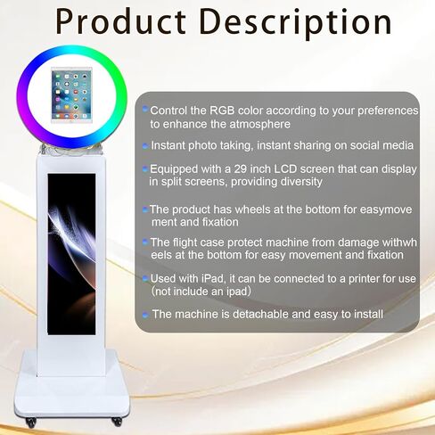 غلاف معدني لجهاز iPad Photobooth من Selfie مع شاشة LCD مقاس 29 بوصة وإضاءة حلقة RGB متوافقة مع iPad 10.2 بوصة 10.9 بوصة 11 بوصة 12.9 بوصة للمناسبات وحفلات الزفاف وأعياد الميلاد (أبيض، آلة كشك الصور) in Kuwait