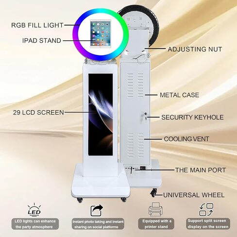 غلاف معدني لجهاز iPad Photobooth من Selfie مع شاشة LCD مقاس 29 بوصة وإضاءة حلقة RGB متوافقة مع iPad 10.2 بوصة 10.9 بوصة 11 بوصة 12.9 بوصة للمناسبات وحفلات الزفاف وأعياد الميلاد (أبيض، آلة كشك الصور) in Kuwait