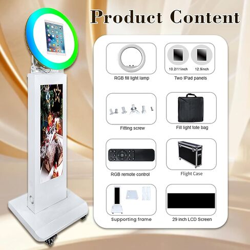 غلاف معدني لجهاز iPad Photobooth من Selfie مع شاشة LCD مقاس 29 بوصة وإضاءة حلقة RGB متوافقة مع iPad 10.2 بوصة 10.9 بوصة 11 بوصة 12.9 بوصة للمناسبات وحفلات الزفاف وأعياد الميلاد (أبيض، آلة كشك الصور) in Kuwait
