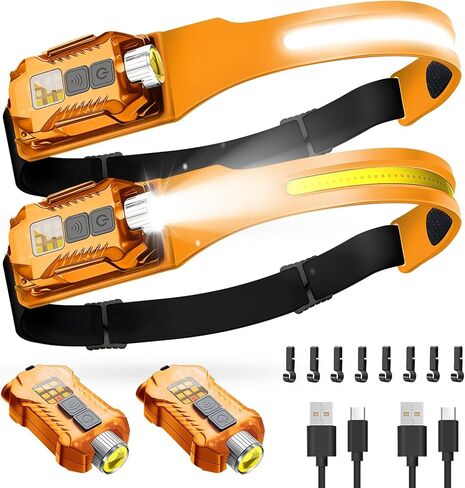 victoper المصابيح الأمامية القابلة لإعادة الشحن 2pack، قابلة للفصل 230 درجة واسعة شعاع أدى 2in1 مصباح الرأس مع جهاز استشعار الحركة، قبعة صلبة ضوء الرأس للبالغين، 9 أوضاع مصباح يدوي لتشغيل الصيد التخييم أساسيات والعتاد in Kuwait