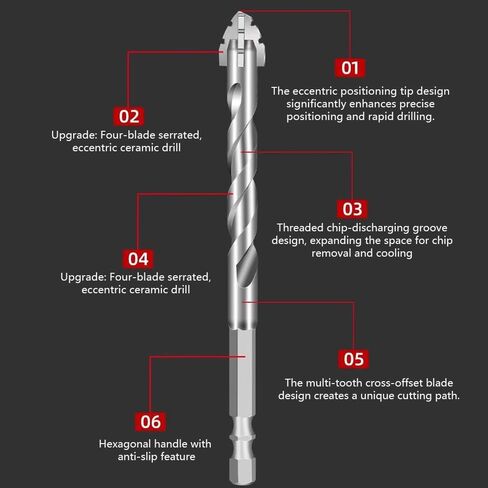 1pc 6mm Eccentric Drill Bit - 4-Flute Serrated Design with Hex Shank for Dry Drilling Ceramic Tiles, Glass, Marble, Concrete, Stainless Steel and Hard Plastics in Saudi Arabia