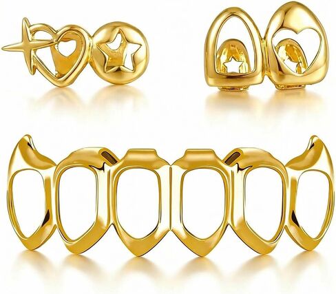 2pc grillz grillz مجموعة مفتوحة الوجه الهيب هوب الأسنان المجوهرات الذهب مطلي بسطح الأسنان للمشاوي القابلة للإزالة أعلى للرجال النساء (الذهب) in Kuwait