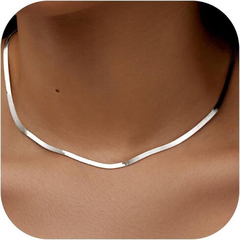 Womengifts 14K Gold Silver Flaged Herringbone Necklace for Women-Dainty Snake Choink ، Netrendy Simple Long Longed Jewelry Non Charsh ، in Kuwait