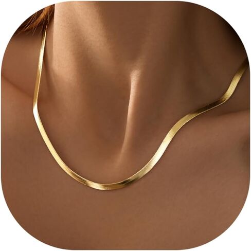 Womengifts 14K Gold Silver Flaged Herringbone Necklace for Women-Dainty Snake Choink ، Netrendy Simple Long Longed Jewelry Non Charsh ، in Kuwait
