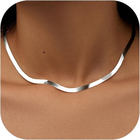 Womengifts 14K Gold Silver Flaged Herringbone Necklace for Women-Dainty Snake Choink ، Netrendy Simple Long Longed Jewelry Non Charsh ، in Kuwait