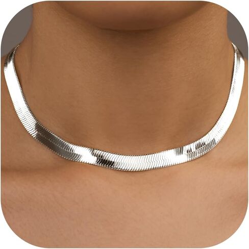 Womengifts 14K Gold Silver Flaged Herringbone Necklace for Women-Dainty Snake Choink ، Netrendy Simple Long Longed Jewelry Non Charsh ، in Kuwait