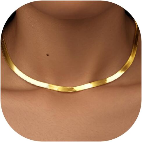 Womengifts 14K Gold Silver Flaged Herringbone Necklace for Women-Dainty Snake Choink ، Netrendy Simple Long Longed Jewelry Non Charsh ، in Kuwait