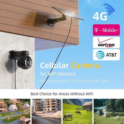 كاميرا تعمل بالطاقة الشمسية في الهواء الطلق - كاميرات خلوية 4G LTE لأمان المنزل 4K، بدون واي فاي كاميرا تعمل بالطاقة الشمسية 355 درجة رؤية ليلية ملونة ومستشعر حركة PIR ثنائي الاتجاه مثبت مسبقًا 64 جيجا SD وبطاقة SIM in Kuwait