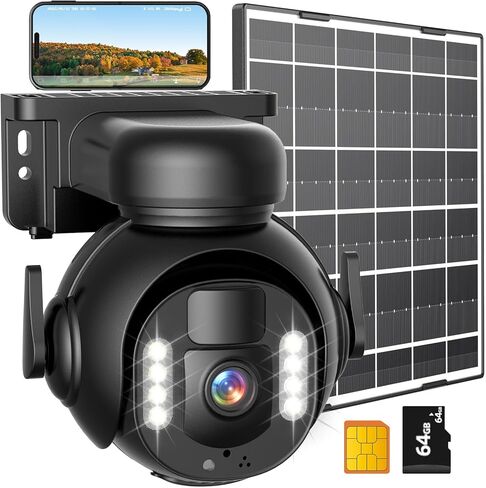 كاميرا تعمل بالطاقة الشمسية في الهواء الطلق - كاميرات خلوية 4G LTE لأمان المنزل 4K، بدون واي فاي كاميرا تعمل بالطاقة الشمسية 355 درجة رؤية ليلية ملونة ومستشعر حركة PIR ثنائي الاتجاه مثبت مسبقًا 64 جيجا SD وبطاقة SIM in Kuwait
