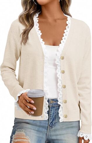 جرس Cicy Womens Lace V رقبة Cardigan Sensters زر أسفل الأكمام الطويلة متماسكة قمم الخريف العصرية خفيفة الوزن سترة الأمامية مفتوحة in Saudi Arabia