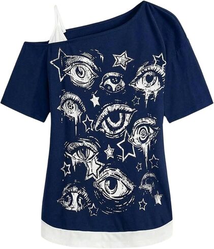 SOLY HUX Women's Gothic Grunge Cold Shoulder Short Sleeve T Shirts 2 in 1 Asymmetrical Tee Tops in Saudi Arabia