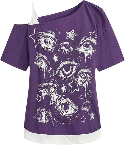 SOLY HUX Women's Gothic Grunge Cold Shoulder Short Sleeve T Shirts 2 in 1 Asymmetrical Tee Tops in Saudi Arabia
