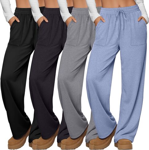 4 Pack Women's Lounge Pants Wide Leg Yoga Pants Drawstring Casual Elastic Sweatpants with Pockets Loose Casual in Kuwait