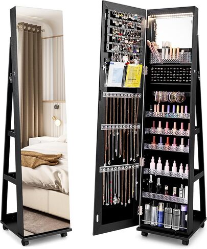 LDAILY Jewelry Armoire, Lockable Jewelry Cabinet with Wheels, 3-Color LED Lights, Full Length Mirror, Height Adjustable Shelves, Inner Mirror, Standing Jewelry Organizer for Girls Women (Walnut) in Saudi Arabia