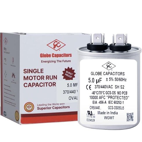Capacitor (Oval) 20uF, 370V/440V, Single Element, 20MFD, Tolerance = ±5%, Motor Start, CBB65, Recognized by UL (Underwriters Laboratories) Brand: GLOBE CAPACITORS in Saudi Arabia