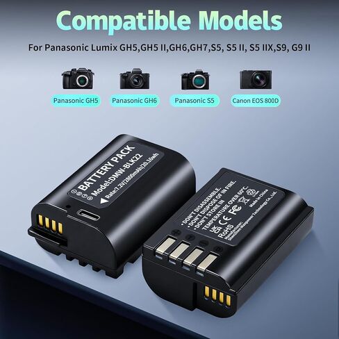 2 حزمة بطارية USB-C DMW-BLK22 بقدرة 2800 مللي أمبير في الساعة لكاميرات باناسونيك لوميكس DC-S5، DC-S5IIX، DC-S5II، DC-S5IIX، GH5 II، GH6، S5II، S5M2، GH5M2، شحن سريع خلال 3 ساعات عبر الشحن السريع USB-C in Kuwait