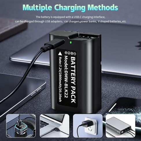 2 حزمة بطارية USB-C DMW-BLK22 بقدرة 2800 مللي أمبير في الساعة لكاميرات باناسونيك لوميكس DC-S5، DC-S5IIX، DC-S5II، DC-S5IIX، GH5 II، GH6، S5II، S5M2، GH5M2، شحن سريع خلال 3 ساعات عبر الشحن السريع USB-C in Kuwait
