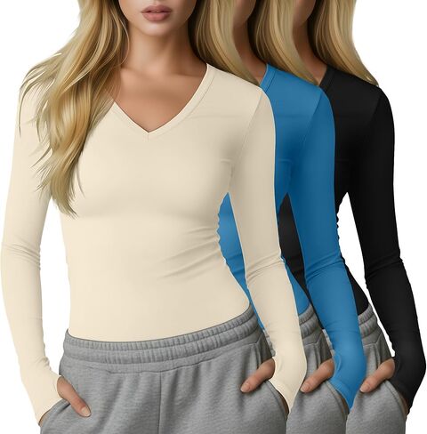 3 Pack Womens Long Sleeve Compression Shirts Workout Yoga V Neck Thumb Hole Tight Tops Lightweight Gym Running Tees in Saudi Arabia