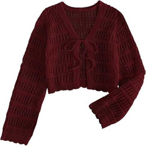 Wdirara Women's Hollow Out Tie Cardigan Cardigan Long Sleeve v رقبة سفن الكروشيه متماسكة أعلى محصول in Saudi Arabia