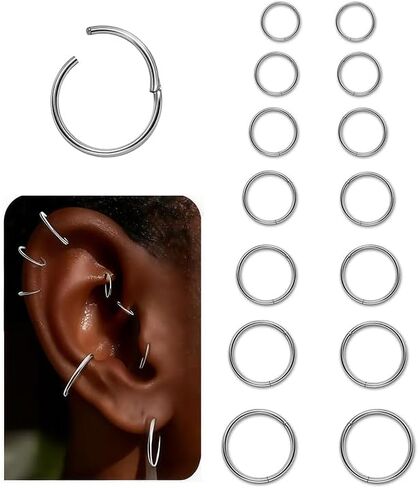 14pcs 6/7/8/9/10/11/11/12mm حلقات أنف من الصلب الجراحي ، مجموعة طوق ، أطواق صغيرة من الجسدية ، مجموعة مجوهرات جسمها الغضروف in Kuwait