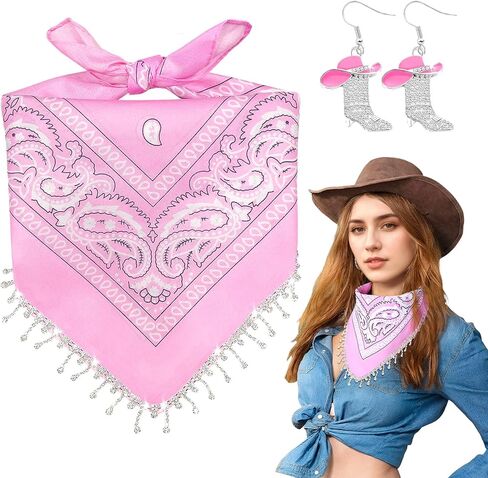 Fringe Rhinestone Bandana with Rhinestone Cowgirl Boots Earrings, Disco Bachelorette Tassel Kerchief in Kuwait