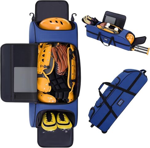 حقيبة معدات التقاط كبيرة محمولة بعجلات، حقيبة بيسبول بعجلات لـ 4 مضارب، جيوب متعددة، خطاف سياج| المتداول لمعدات الكرة اللينة والبيسبول in Kuwait