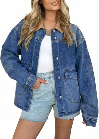 EVALESS Jean Jacket Women Trendy Color Block Denim Jacket Oversized Long Sleeve Button Down Barn Jackets Shacket Coat in Saudi Arabia