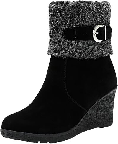 ANUFER Women's Winter Warm Fur Lined Zipper Ankle Boots Elegant Wedge Heel Fashion Boots in Kuwait