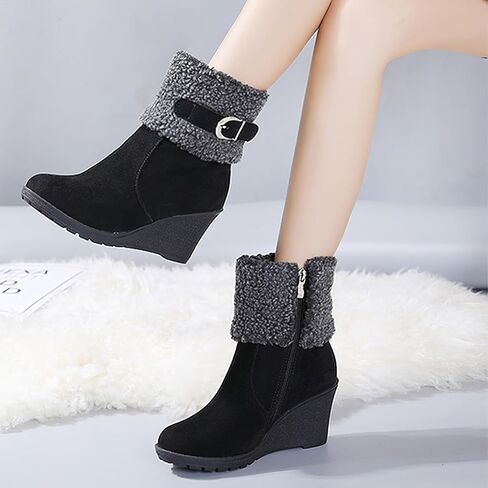 ANUFER Women's Winter Warm Fur Lined Zipper Ankle Boots Elegant Wedge Heel Fashion Boots in Kuwait