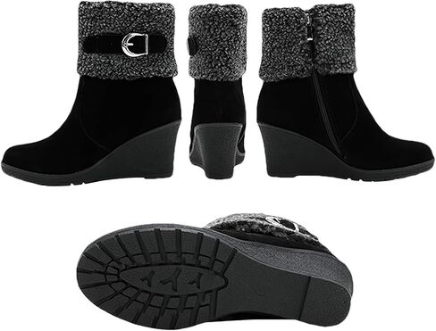 ANUFER Women's Winter Warm Fur Lined Zipper Ankle Boots Elegant Wedge Heel Fashion Boots in Kuwait