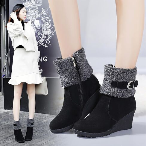 ANUFER Women's Winter Warm Fur Lined Zipper Ankle Boots Elegant Wedge Heel Fashion Boots in Kuwait
