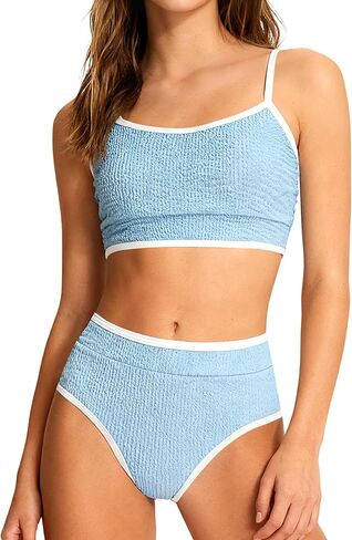 Girls Swimsuit Two Piece Scoop Neck Solid Color Bikini Set Adjustable Strap High Waist Bathing Suit for Girls 9-16Y in Saudi Arabia