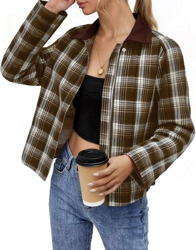 Tankaneo Womens Plaid Cropped Jackets Barn Lightweight Flannel Zip Up Utility Coat Casual Short Jacket with Pockets in Saudi Arabia