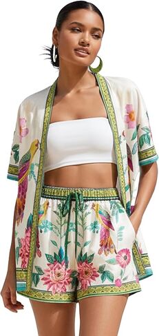 Women Boho Tropical Print Beach Cover Up 2 قطعة مجموعة صيف قصيرة من الأكمام القصيرة وسراويل القصيرة ملابس خفيفة الوزن in Saudi Arabia