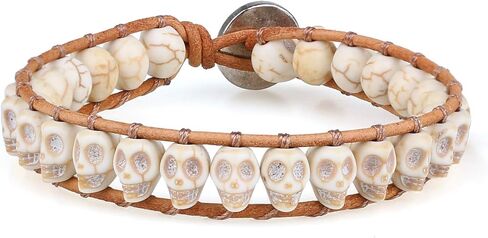 KELITCH 925 Silver Skull Bracelets Wrap Bracelets Women Crystal Beaded Bracelets on Natural Leather in Saudi Arabia