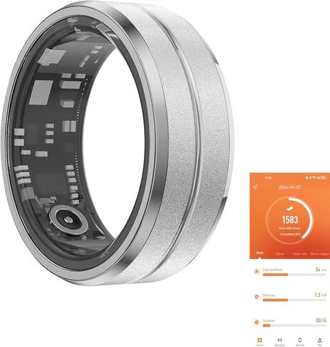 Fitness Tracker Smart Ring, Step Counter for Walking, Heart Rate Blood Oxygen Calorie Sleep Tracker Health Ring, IP68 Waterproof Design, Stainless Steel, 5-7 Days Battery Life, Silver (US 7) in Kuwait