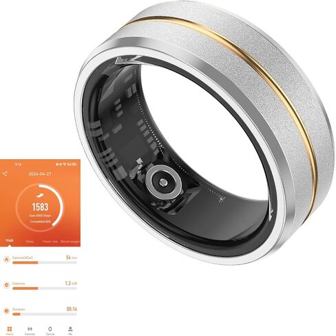 Fitness Tracker Smart Ring, Step Counter for Walking, Heart Rate Blood Oxygen Calorie Sleep Tracker Health Ring, IP68 Waterproof Design, Stainless Steel, 5-7 Days Battery Life, Silver (US 7) in Kuwait