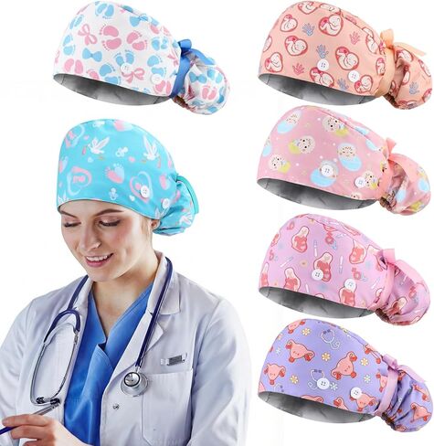 Croknit 6 Pcs Scrub Caps Satin Lined Scrub Caps Women Nurse Surgical Hat with Sweatband Buttons Adjustable Pouch Tie Back in Kuwait