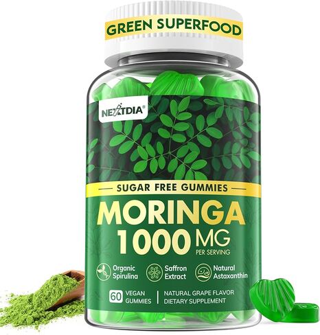 Organic Moringa Gummies 1000mg - Whole Food Green Superfood, Rich in Vegan Protein, Fiber, B-Complex, Potassium, Magnesium, Calcium - w/Spirulina, Saffron, Ashwagandha for Energy & Gut Health, 120Cts in Saudi Arabia