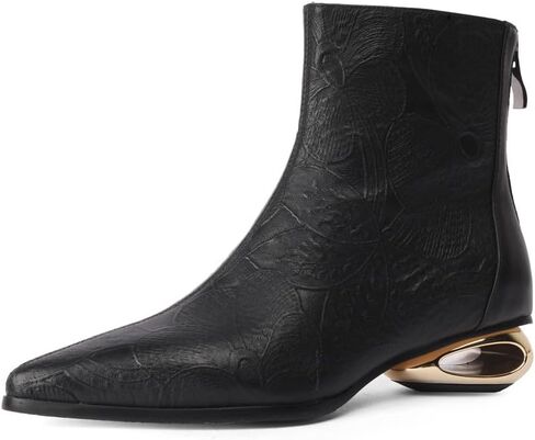 TinaCus Women's Pointed Toe Embossed Genuine Leather Handmade Low Heels Back Zip Up Ankle Boots in Saudi Arabia