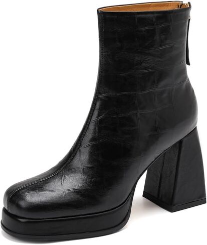 TinaCus Women's Square Toe Genuine Leather Handmade High Chunky Heels Zip up Ankle Boots with Platform in Saudi Arabia