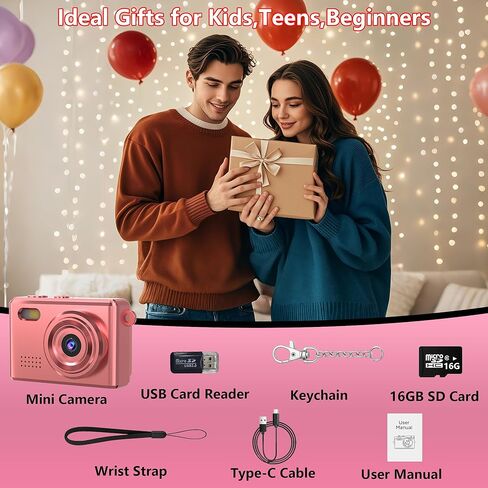 Mini Keychain Camera, 1080P HD Video Recorder with 16GB SD Card, Retro Tiny Digital Camera with 12MP 0.96'' Screen, Vintage Small Camera for Kids, Teens, and Beginners (Rose Gold) in Kuwait