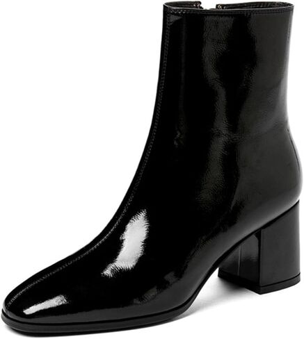 Women'S Patent Leather Chunky Heel Mid Calf Boots With Side Zipper Fashion Square Toe Block Mid Heel Ankle Boots in Saudi Arabia