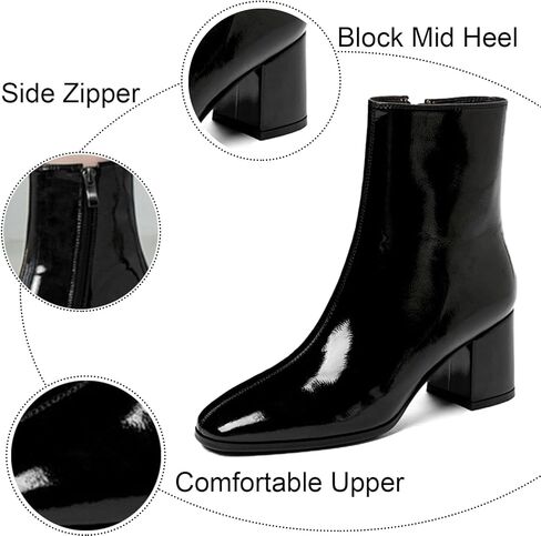 Women'S Patent Leather Chunky Heel Mid Calf Boots With Side Zipper Fashion Square Toe Block Mid Heel Ankle Boots in Saudi Arabia