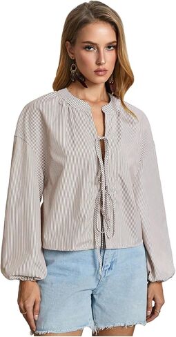 SweatyRocks Women's Striped Bow Long Sleeve Shirts Tie Front Loose Blouse Going Out Tops in Saudi Arabia