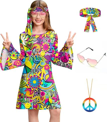 Besserbay Girl's 4 PCS Halloween 70s Hippie Dress Bell Sleeve Floral Printed Outfit 4-14 Years in Saudi Arabia