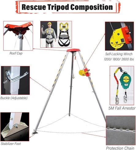 Heavy Duty Confined Space Tripod for Traditional Well Vertical Entry, Aluminum Rescue Tripod Equipment/Manhole Doupot Stabilizer for Hanging Firefighter, with IRO, 1200lbs Winch+Belt in Saudi Arabia